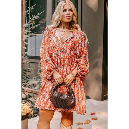 Orange Floral Print Split V Neck Bubble Sleeve Plus Size Midi Dress