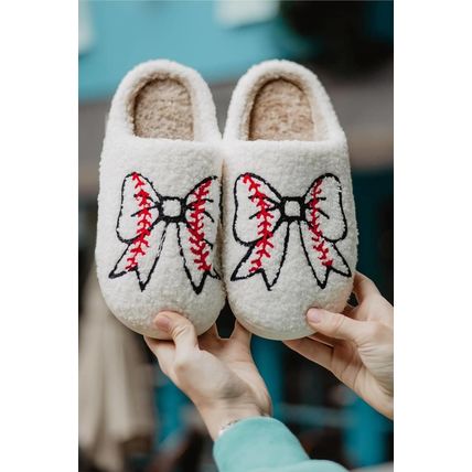 White Bow Knot Rugby Pattern Plush Warm Slippers