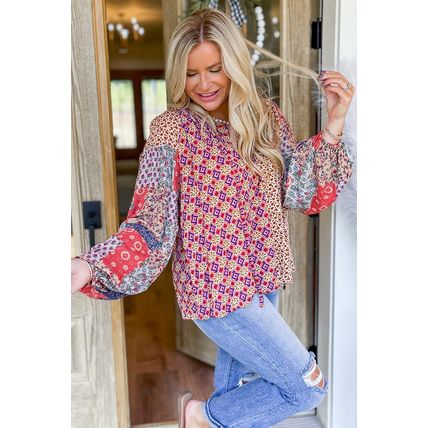 Orange Mixed Floral Printed Long Sleeve Tied V Neck Blouse