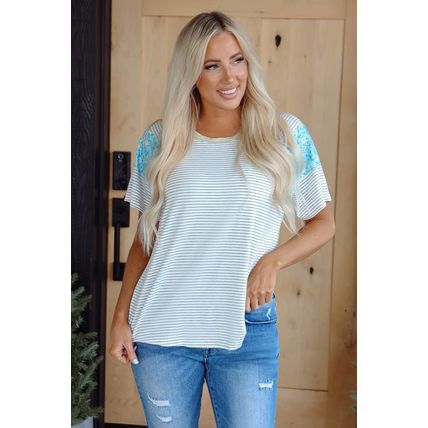 White Stripe Floral Insert Sleeves Contrast Round Neck Tee