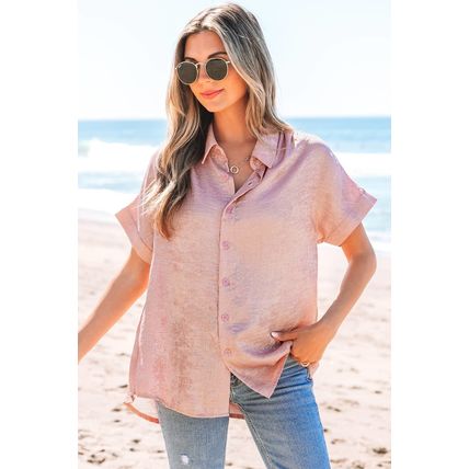 Delicacy Metallic Buttoned Loose Fit Short Sleeve Shirt