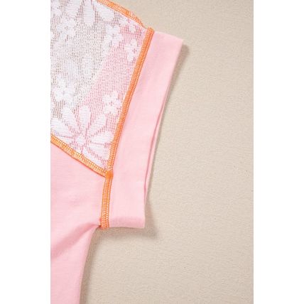 Light Pink Lace Patchwork Exposed Seam V Neck T Shirt