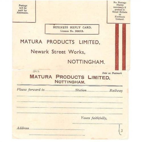 Nottingham - Matura Products Ltd reply paid card c.1960s