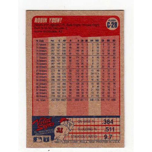 1990 Fleer Robin Yount #C-28 wax box bottom baseball card- NM- HOF – Brewers