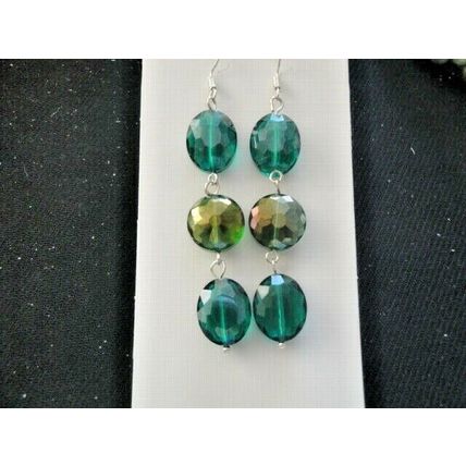 Fabulous faceted oval & round long drop green crystal glass earrings