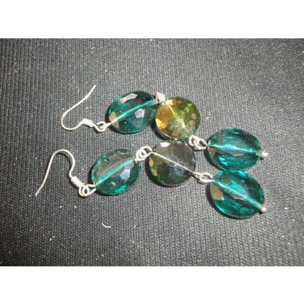 Fabulous faceted oval & round long drop green crystal glass earrings
