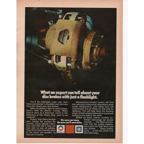 GM Delco Brakes vintage Full Page Print Ad October 1971