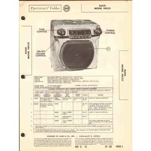 BUICK model 981321 7 tube AM car radio receiver Sams Photofact manual