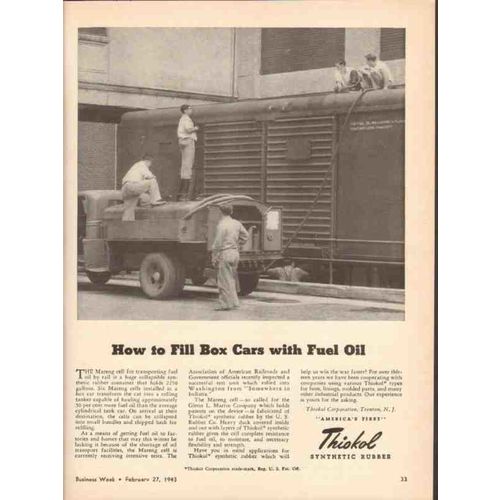 THIOKOL CORP 1943 fill box cars with fuel oil Mareng cell vintage ad