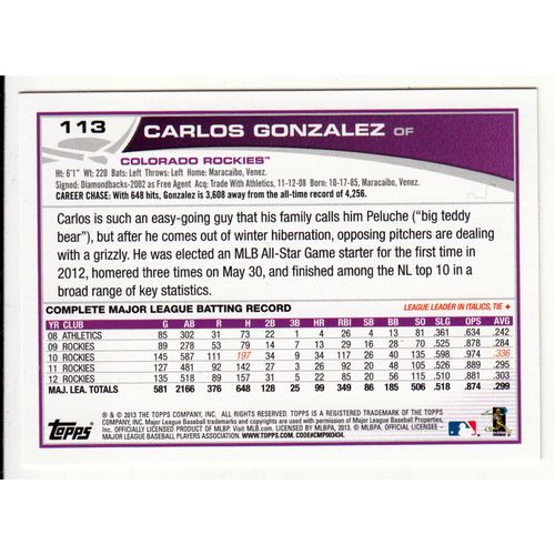 2013 Topps Opening Day baseball card 113 Carlos Gonzalez - Rockies