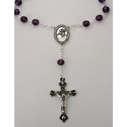 Purple Auto Rosary, Amethyst, February Birthstone with Two Free Holy Cards