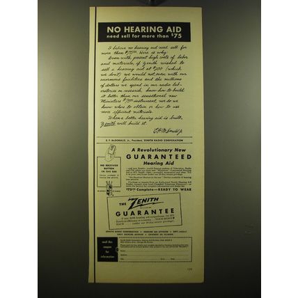 1950 Zenith Hearing Aid Ad - No hearing aid need sell for more than $75