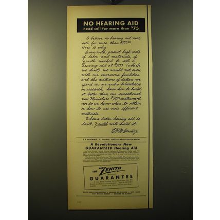 1950 Zenith Hearing Aid Advertisement - No hearing aid need sell for more
