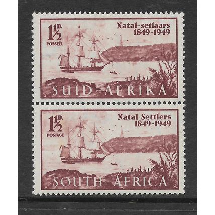 SOUTH AFRICA 1949 CENT ARRIVAL BRITISH 1 1/2d CLARET SETTLERS SG127 PAIR M MINT2