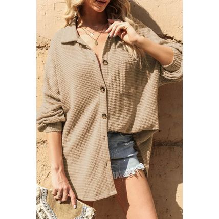 Khaki Waffle Knit Button Up Casual Shirt