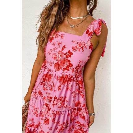 Pink Tie Shoulder Straps Tiered Floral Dress