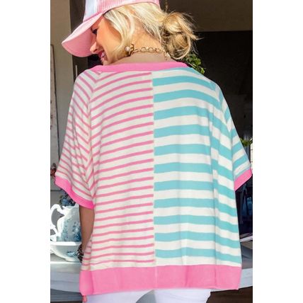 Pink Stripe Contrast Patchwork Oversized T Shirt