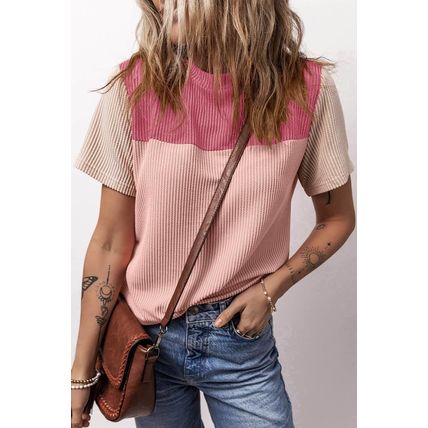 Pink Rib Textured Colorblock T Shirt