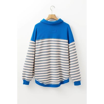 Blue Stripe Buttoned V Neck Collared Drop Shoulder Top