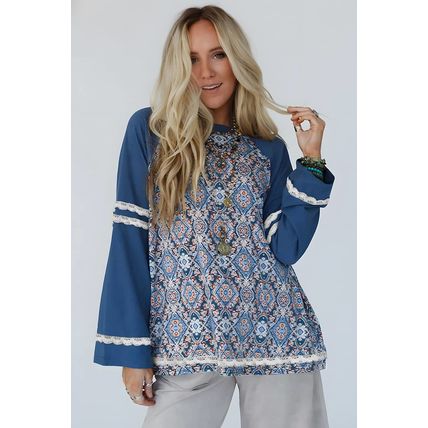 Blue Geometric Printed Lace Patchwork Ric Rac Raglan Long Sleeve Top