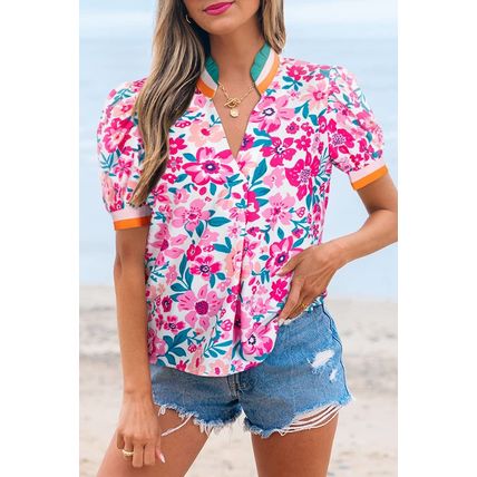 Pink Floral Print Contrast Striped Detail Short Sleeve Blouse