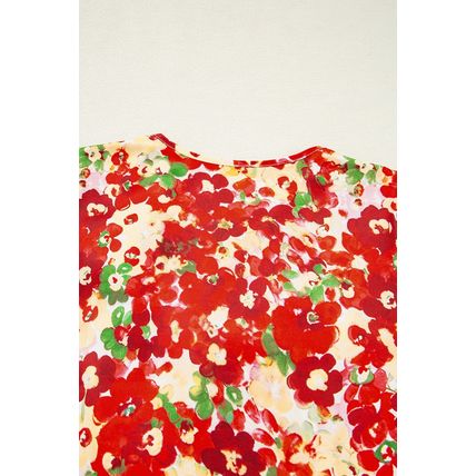 Red Floral Bubble Sleeve Pleated V Neck Wrap Blouse