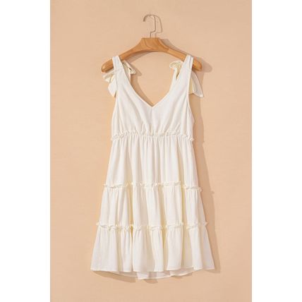 Oatmeal Solid Color Tied Straps Ruffle Tiered Mini Dress