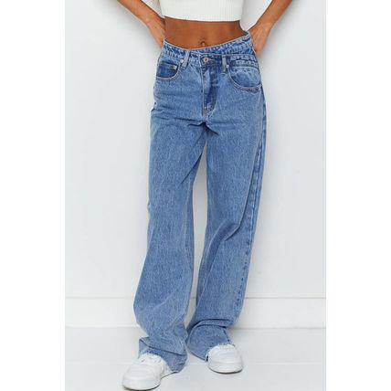 Blue Mid Rise Asymmetrical Waist Wide Leg Jeans