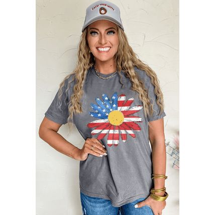 Gray Flag Pattern Sunflower Graphic Crew Neck Tee
