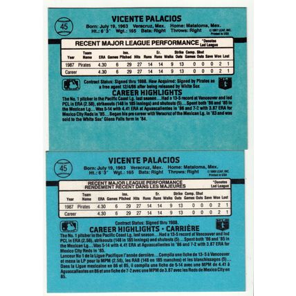 TWO Vicente Palacios Rated Rookie baseball cards 1988 Donruss & Leaf #45