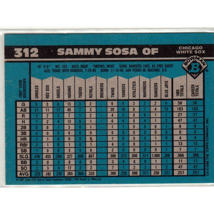 1990 Bowman Sammy Sosa RC rookie card #312– White Sox
