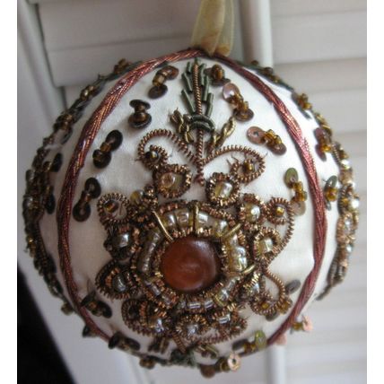 Christmas Ornament: Round Copper Color Beads On Off White Satin Bulb