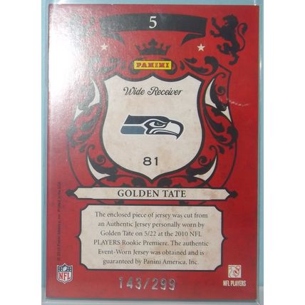 2010 Panini Crown GOLDEN TATE (Seahawks) Royalty Materials RC #5 143/299