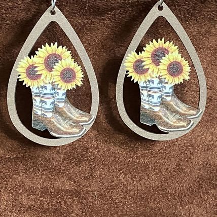 EARRINGS Cowboy Boots Sunflower Dangle Earrings Wooden #699