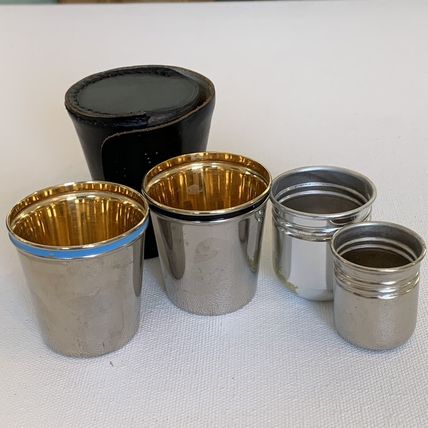 4 VINTAGE Metal German Nesting Shot Glasses Cups Set Black Leather Travel Case