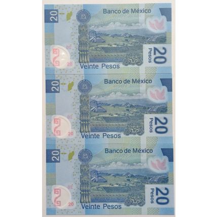 Mexico UNCIRCULATED $20 Pesos polymer 2018 Benito Juárez. Lot of 3 consecutive