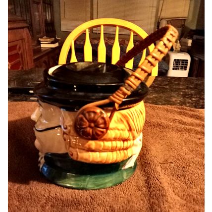 Old Vintage Cookie Jar Colonial Head Jar W/Basket Handle 7" Tall 1950s
