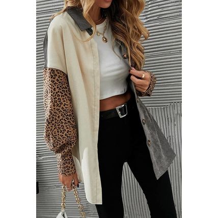 Gray Color Block Leopard Patched Corduroy Shacket