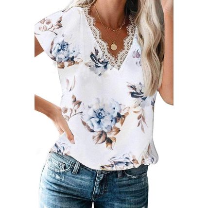 White Floral Scalloped V Neck Short Sleeves Top