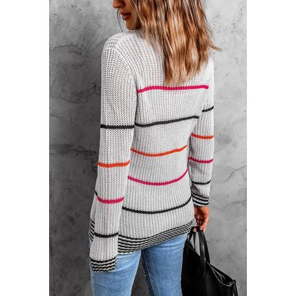 Gray Ribbed Knit Striped Sweater