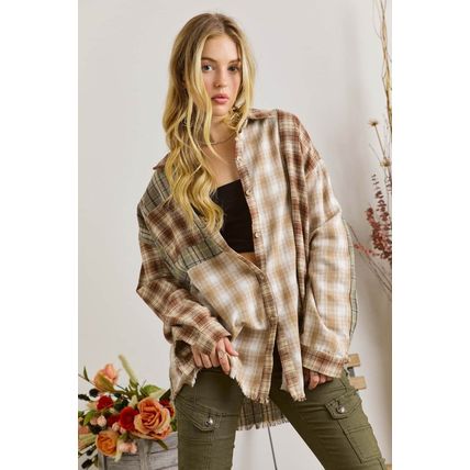 Brown Multi Plaid Patchwork Raw Edge Casual Shirt