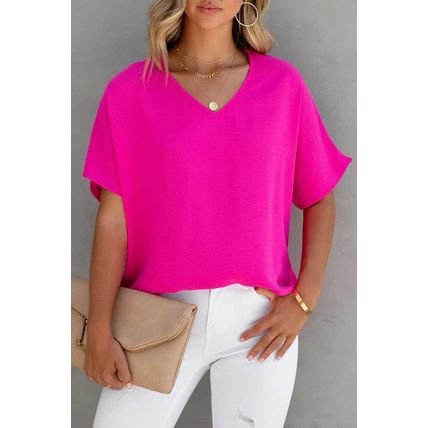 Rose Solid V Neck Short Sleeve Blouse