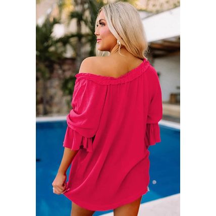 Rose Frilled Split V Neck Ruffled Sleeve Shift Top