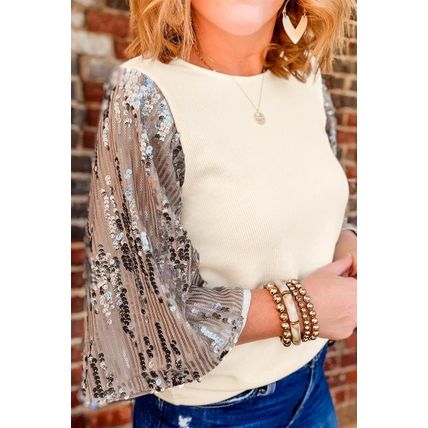 White Sequined Bell Sleeve Round Neck Blouse