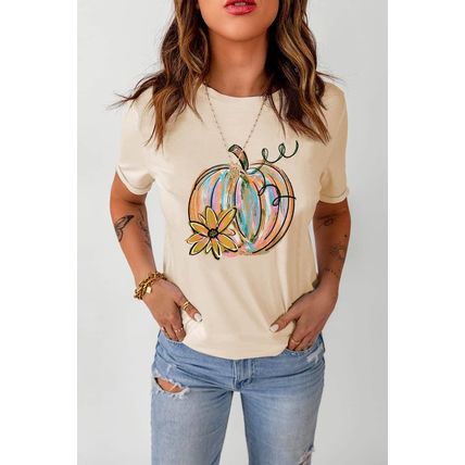 Khaki Pumpkin with Flower Graphic T Shirt