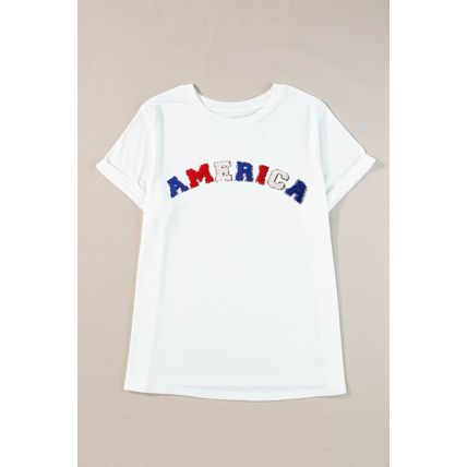 White AMERICA Chenille Embroidered Plus Size T Shirt