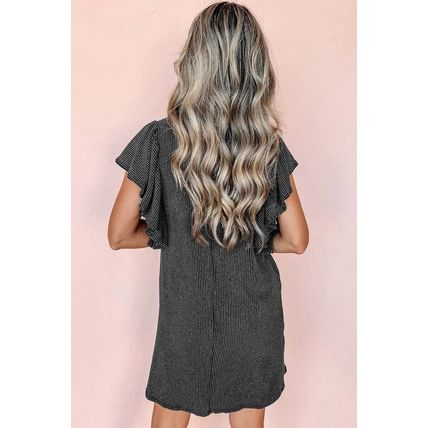 Black Textured Ruffled Flutter Sleeve Mini Dress