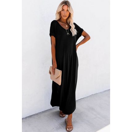 Black V Neck Hidden Pocket Splits Maxi T-shirt Dress