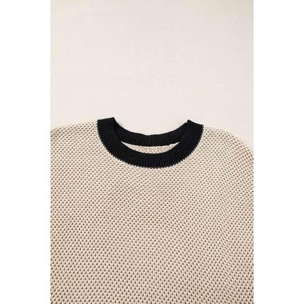 Light French Beige Contrast Trim Round Neck Batwing Sleeve Sweater Top