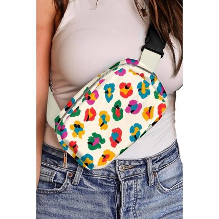 Beige Colorful Leopard Print Buckle Strap Crossbody Bag